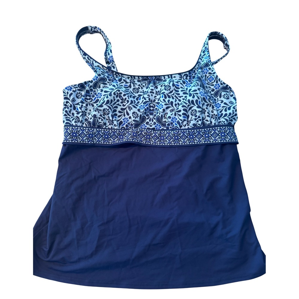 Lands End Tankini Swim Top Blue Floral Print Ruched Waist Size‎ 16L summer beach